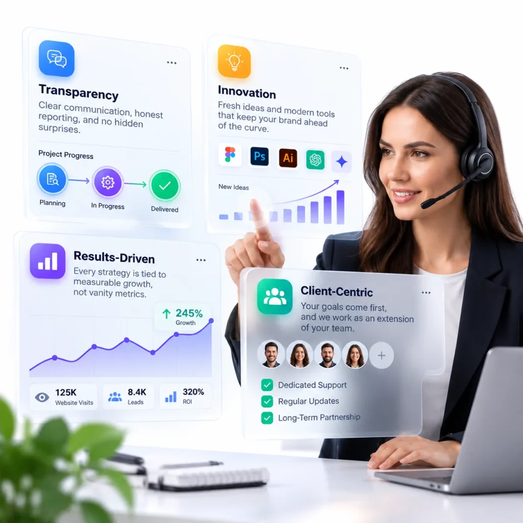Support specialist with headset beside marketing analytics dashboards