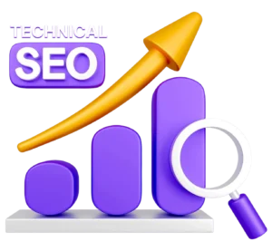 Technical SEO icon with bar chart and magnifier